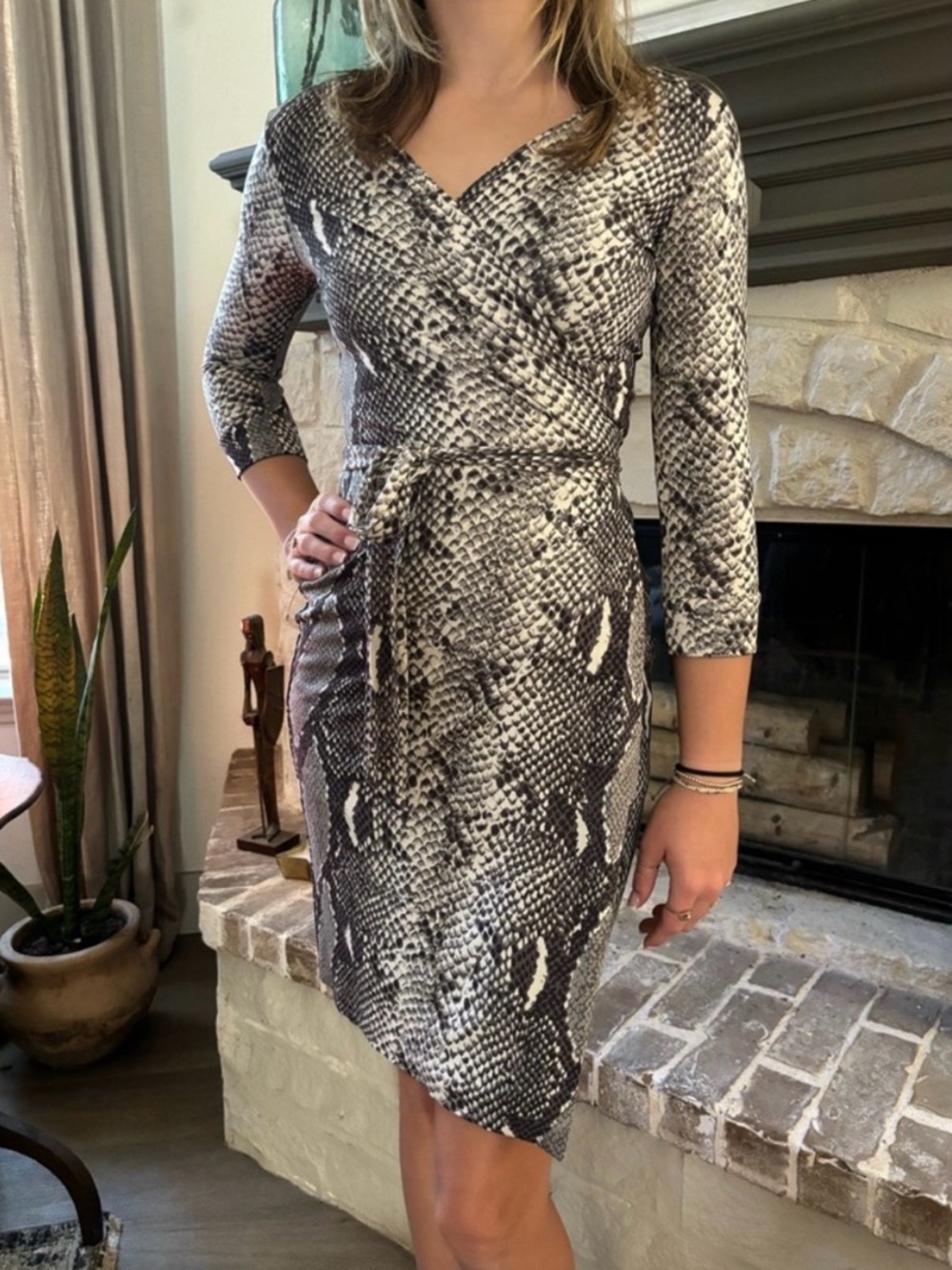 DVF Snake Print Wrap Dress in Black, Gray & Cream